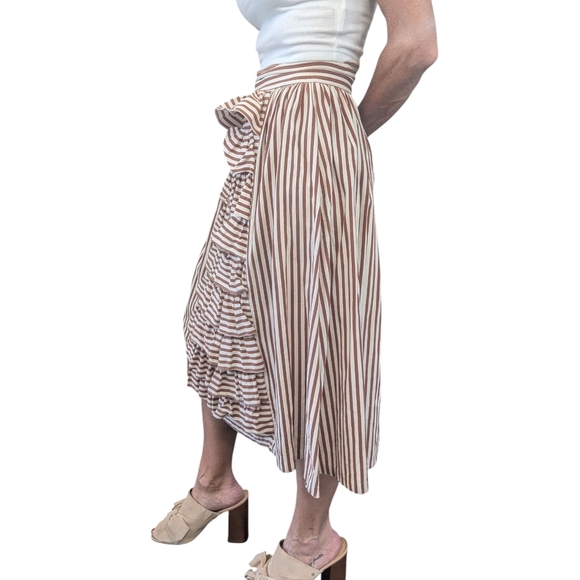 VINTAGE Handmade Coquette Brown Striped Ruffle A-Line Minimalist Skirt Size S - Picture 2 of 9